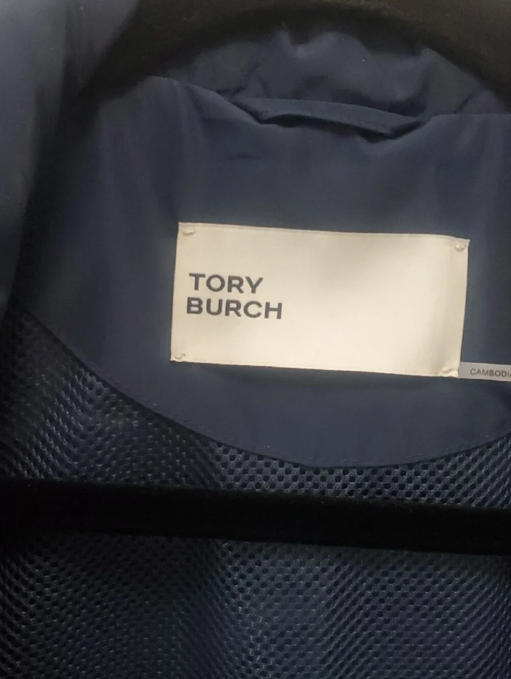 Tory Burch Navy Nylon Hooded Jacket with White Logo-Pattern Sleeve Tape